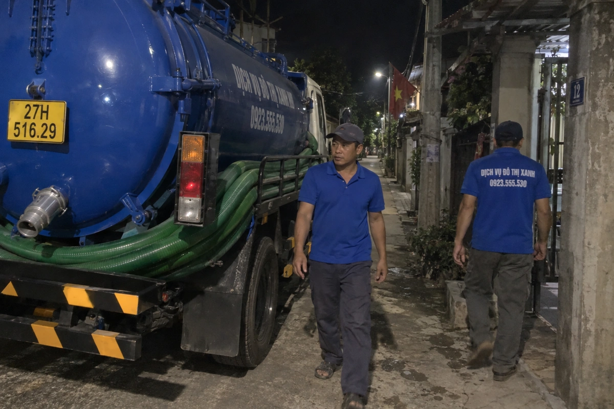 Hút bể phốt Điện Biên Phủ | Đô Thị Xanh 1 Nhân viên bên xe hút bể phốt trong ngõ