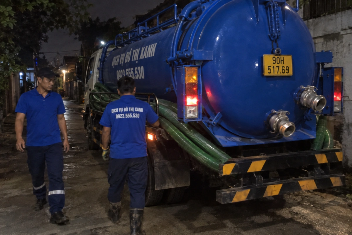 Nhân viên bên xe hút bể phốt ban đêm