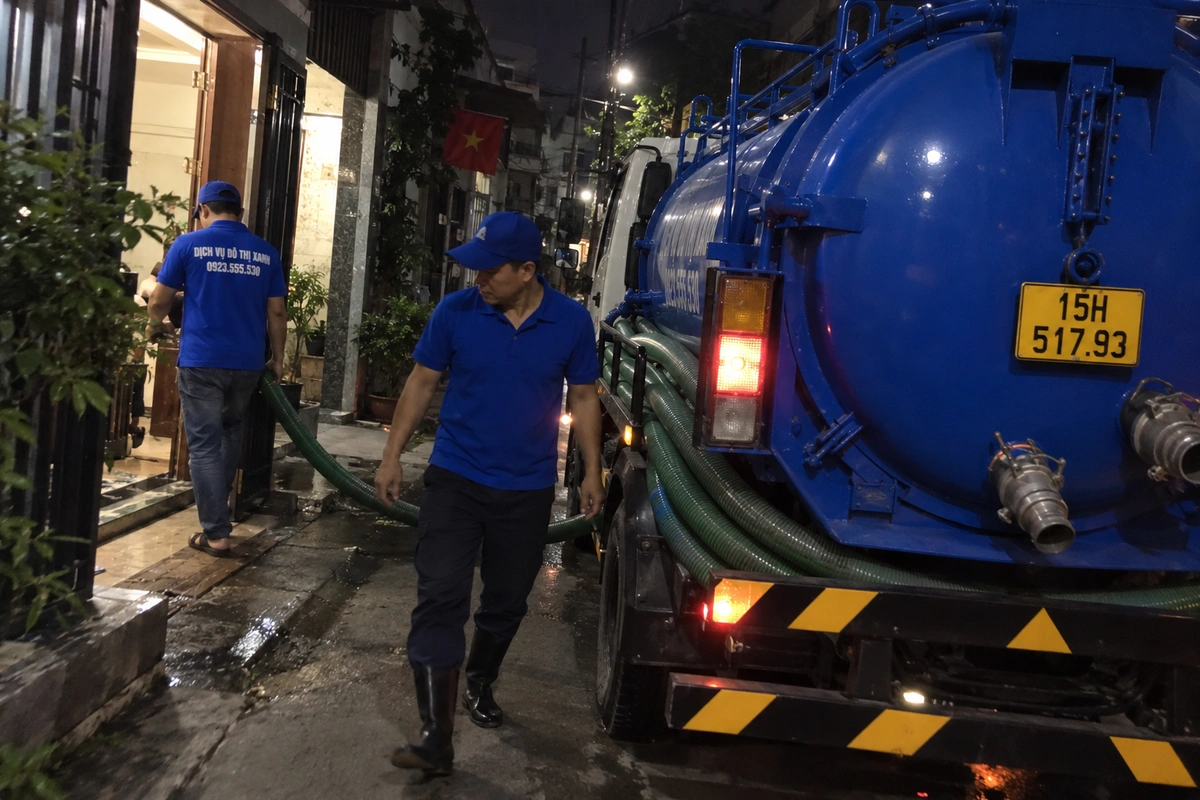 Nhân viên bên xe hút bể phốt ban đêm
