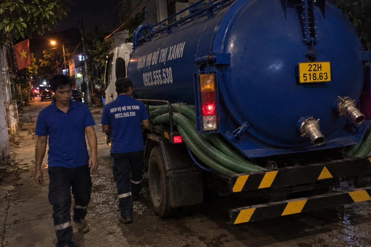 Nhân viên bên xe hút bể phốt ban đêm