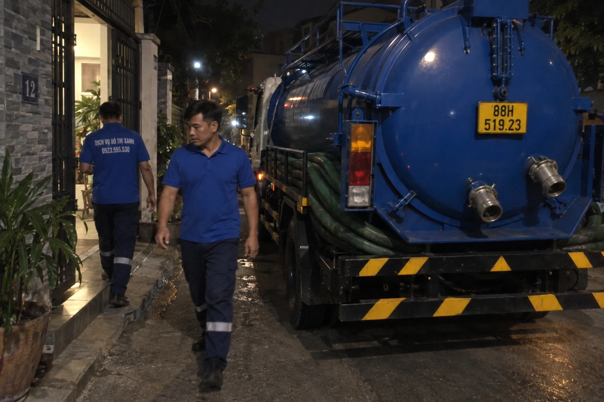 Hút bể phốt Phúc Yên: báo phương án theo hiện trạng 1 Nhân viên bên xe hút bể phốt vào ban đêm