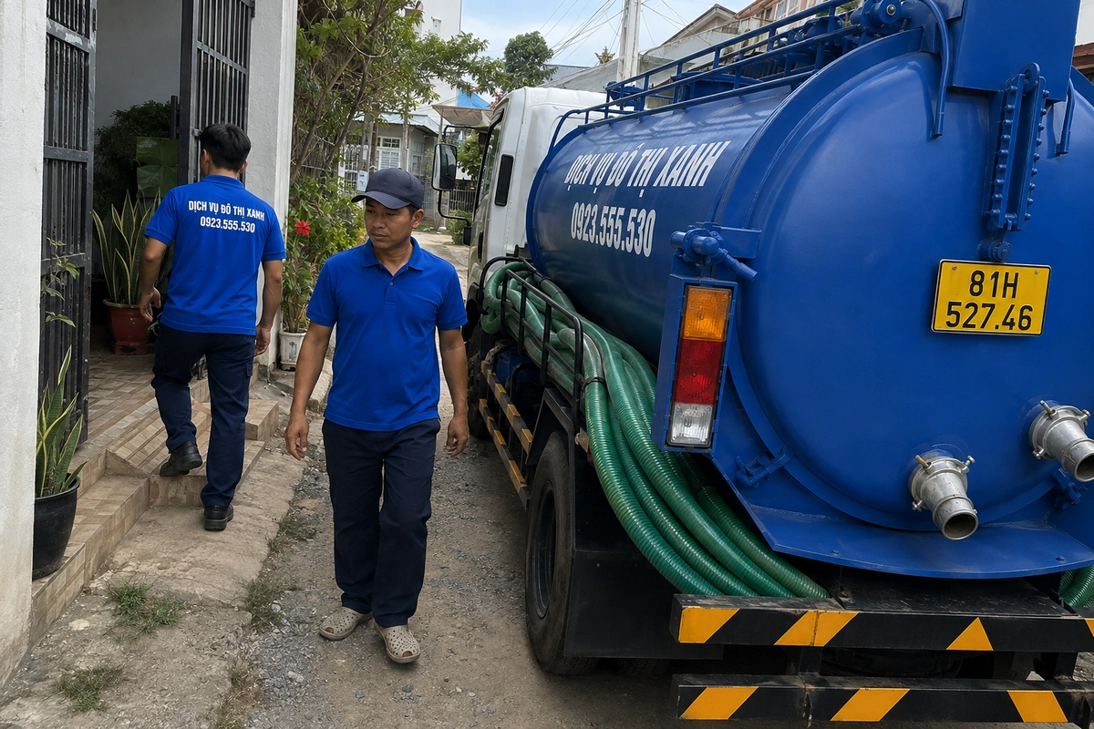 Hút hầm cầu Gia Lai: mùa khô cặn đặc, địa bàn trải rộng 7 Nhân viên đứng bên xe hút hầm cầu