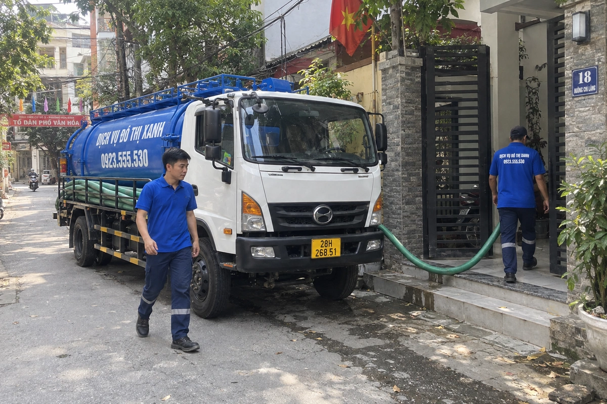 Nhân viên bên xe hút hầm cầu tại Hòa Bình