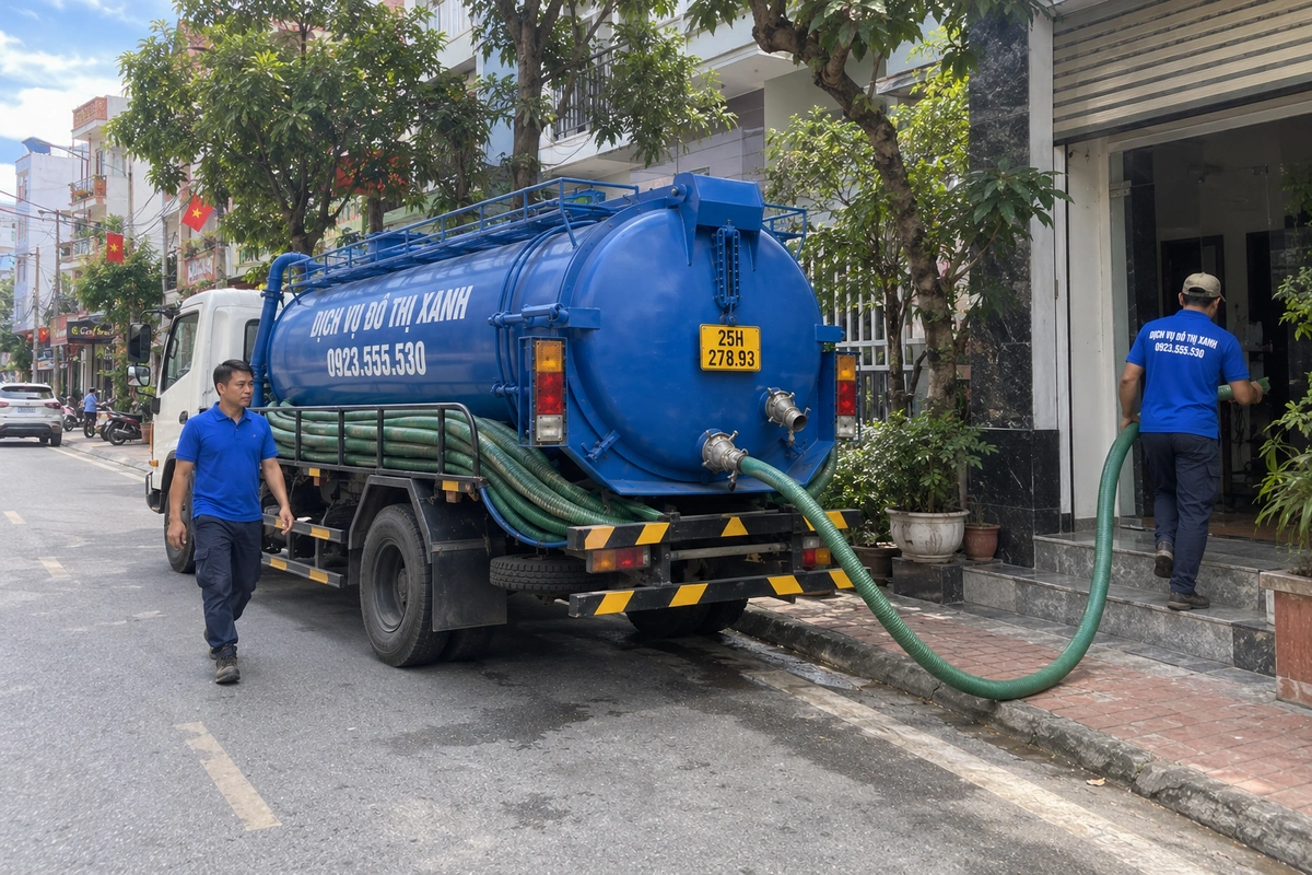 Nhân viên bên xe hút hầm cầu tại Lai Châu