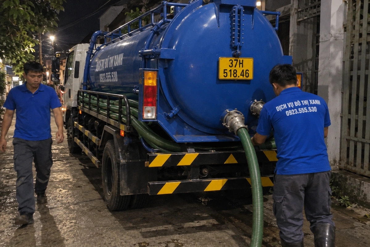 Nhân viên cầm ống hút bên xe bồn