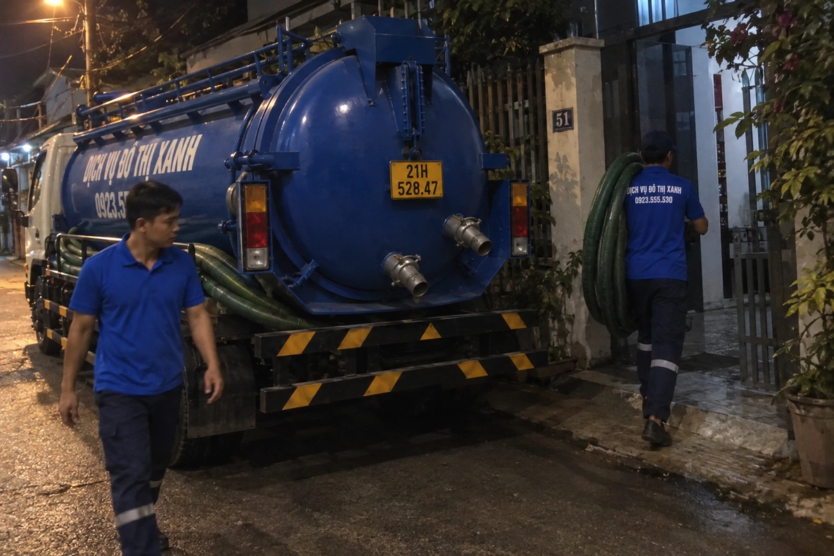 Nhân viên đưa ống từ xe hút bể phốt vào nhà ban đêm