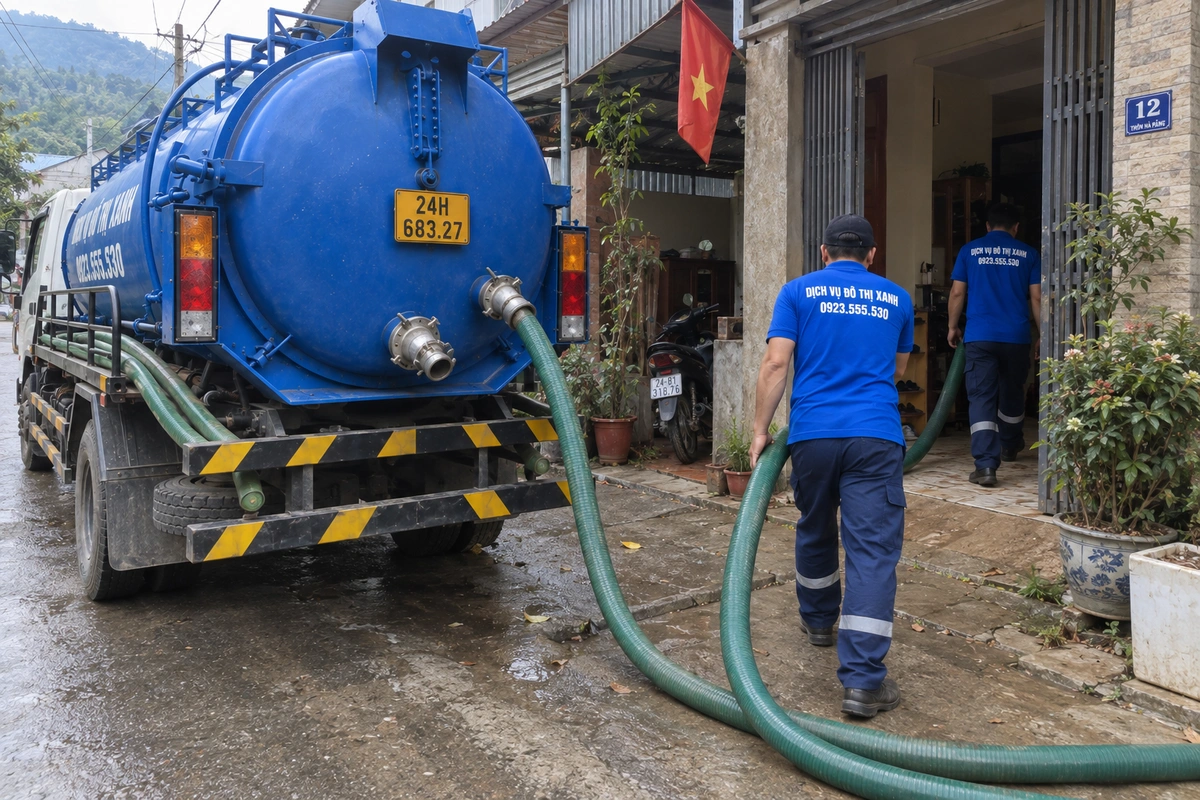 Nhân viên kéo ống hút bể phốt trước nhà