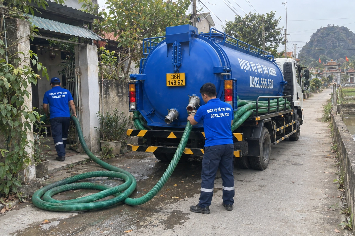 Nhân viên kéo ống hút bể phốt từ xe vào nhà
