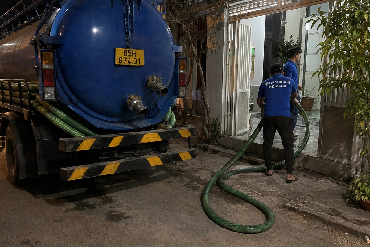 Nhân viên đưa ống hút qua cổng nhà ban đêm