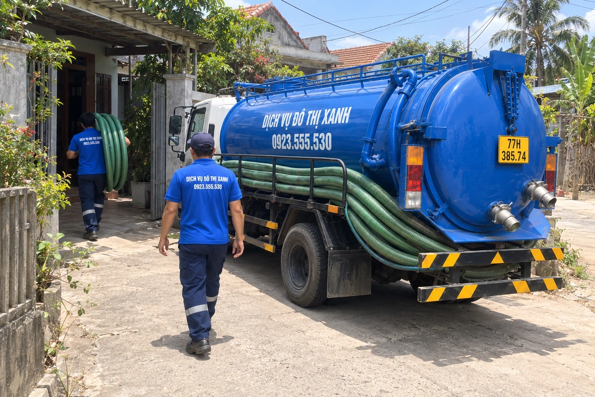 Hút hầm cầu Tuy Phước: kiểm tra rõ, báo giá trước khi làm 2 Nhân viên kéo ống hút hầm cầu vào khu vực cần xử lý