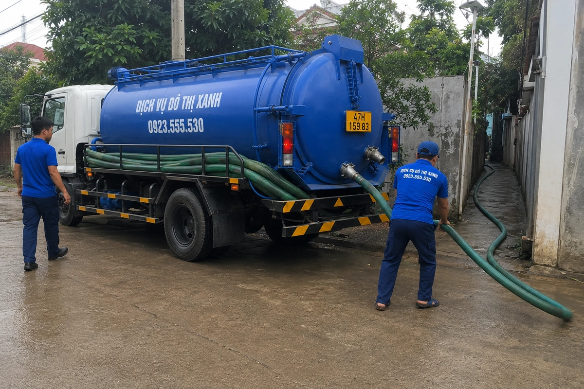Nhân viên kéo ống hút bên xe bồn