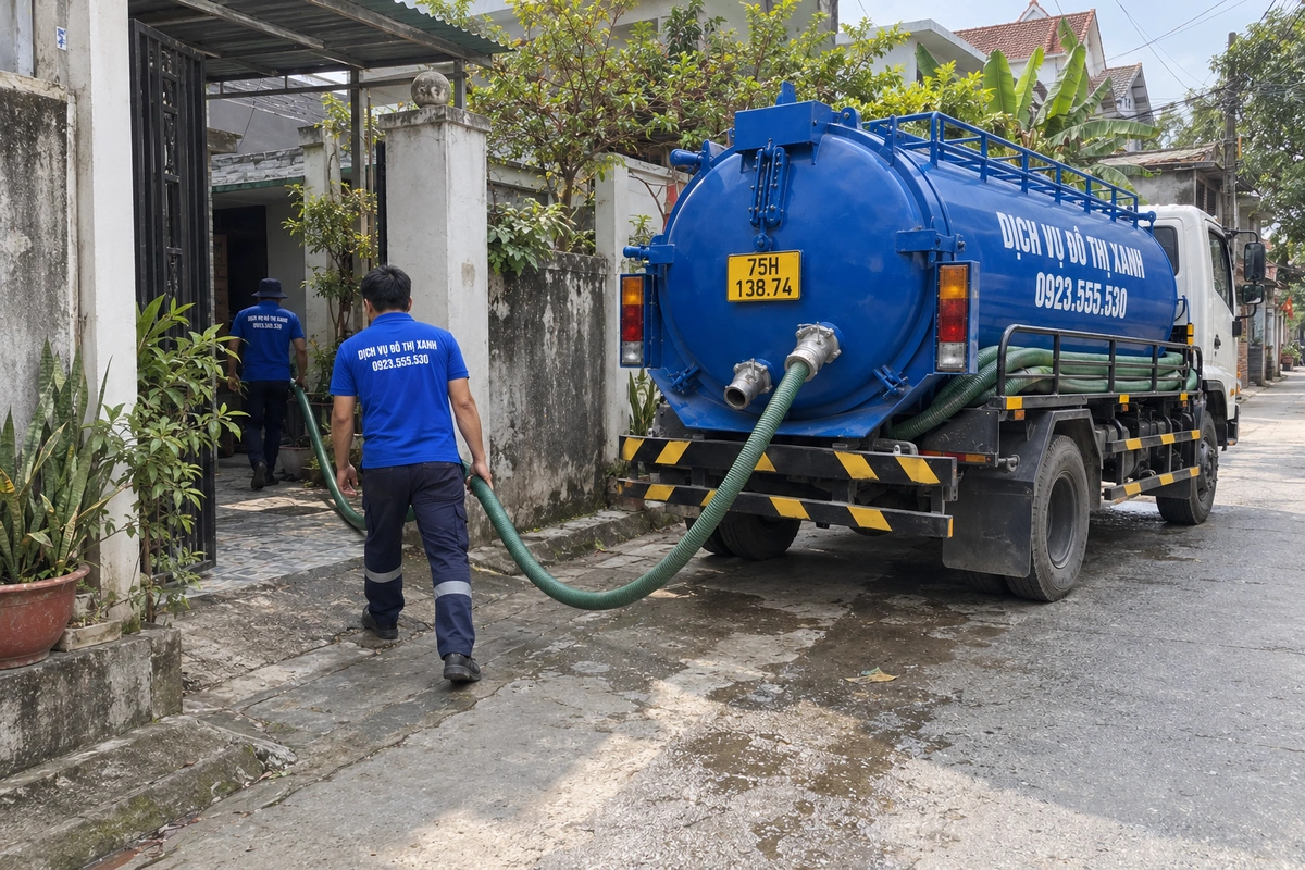 Nhân viên kéo ống hút hầm cầu từ xe vào cổng nhà