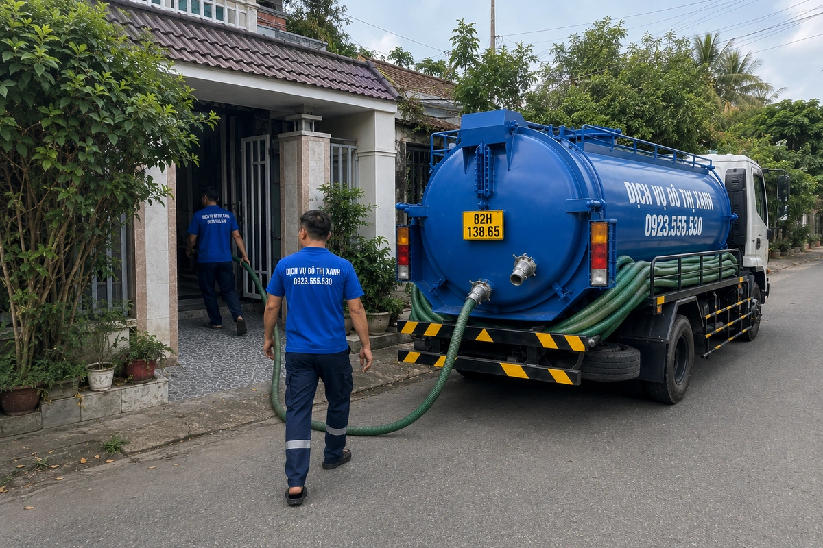 Nhân viên cầm ống hút bên xe bồn