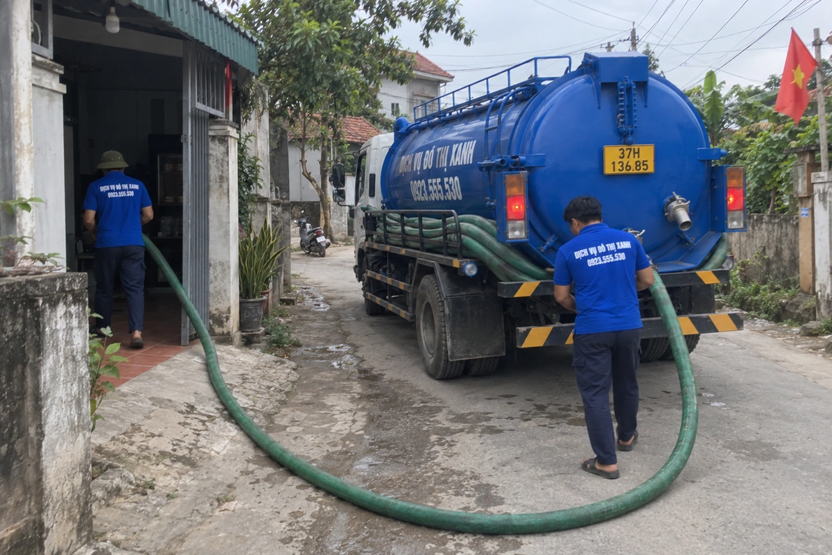 Nhân viên kéo ống hút từ xe bồn vào nhà dân