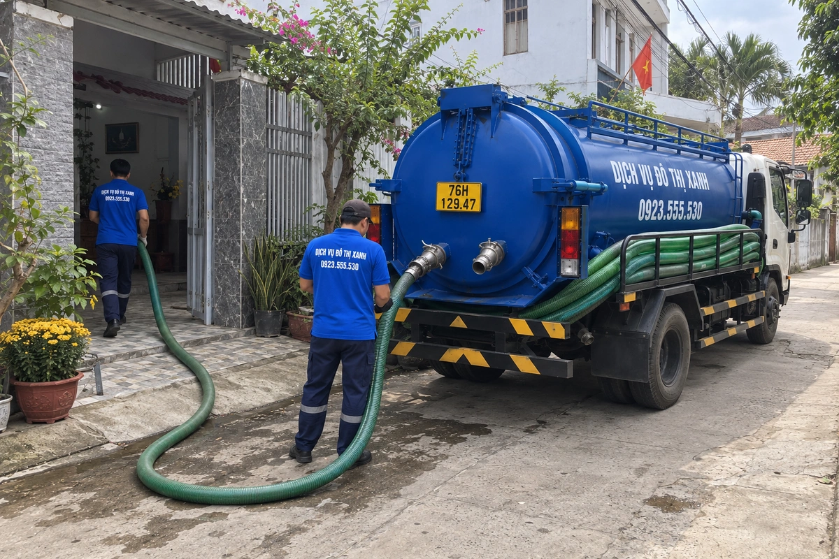 Hút hầm cầu Quảng Ngãi đo khối một giá, hút trước mùa lũ 5 Nhân viên kéo ống hút bên xe bồn
