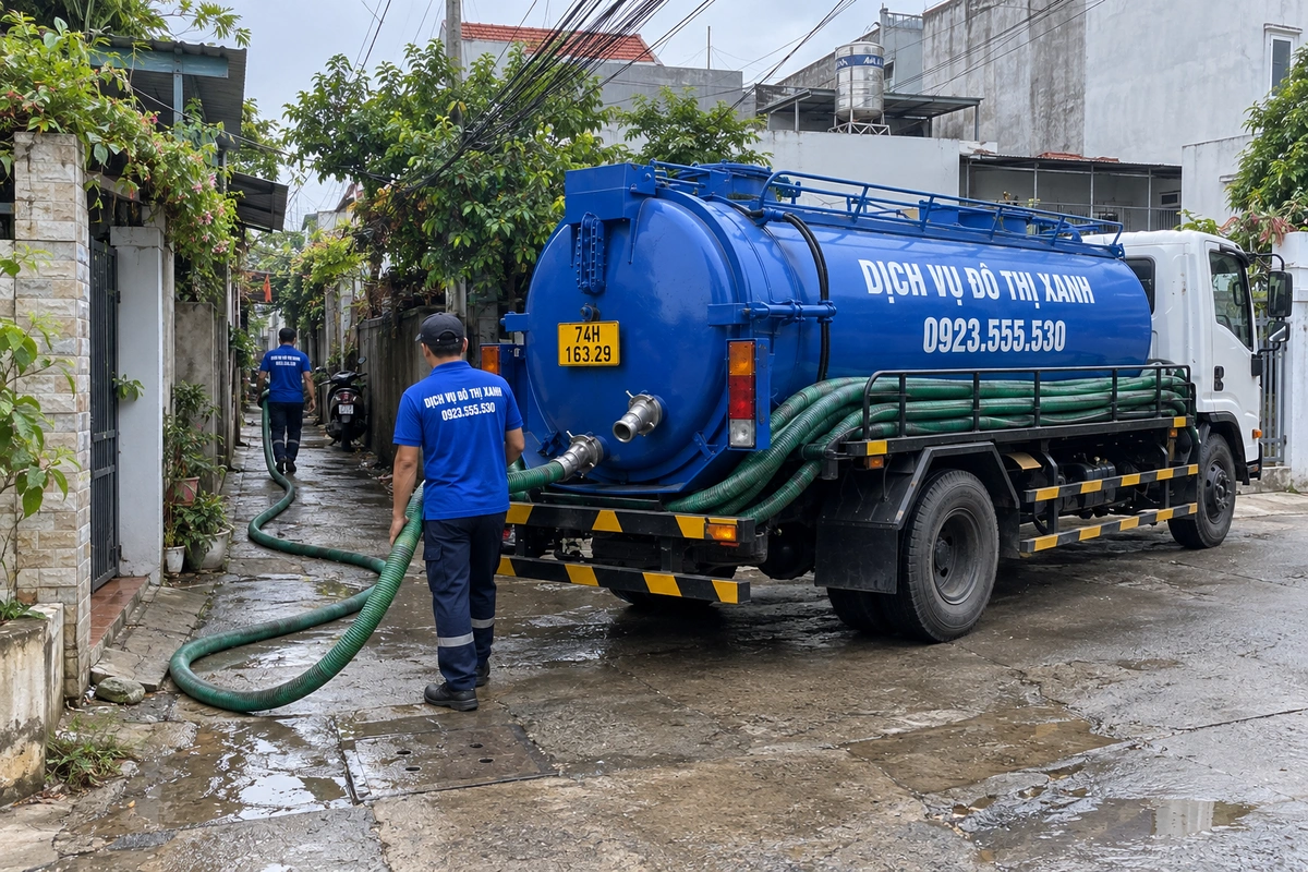 Hút hầm cầu Quảng Trị: khảo sát dung tích và lối tiếp cận 6 Nhân viên kéo ống từ xe hút hầm cầu vào công trình tại Quảng Trị