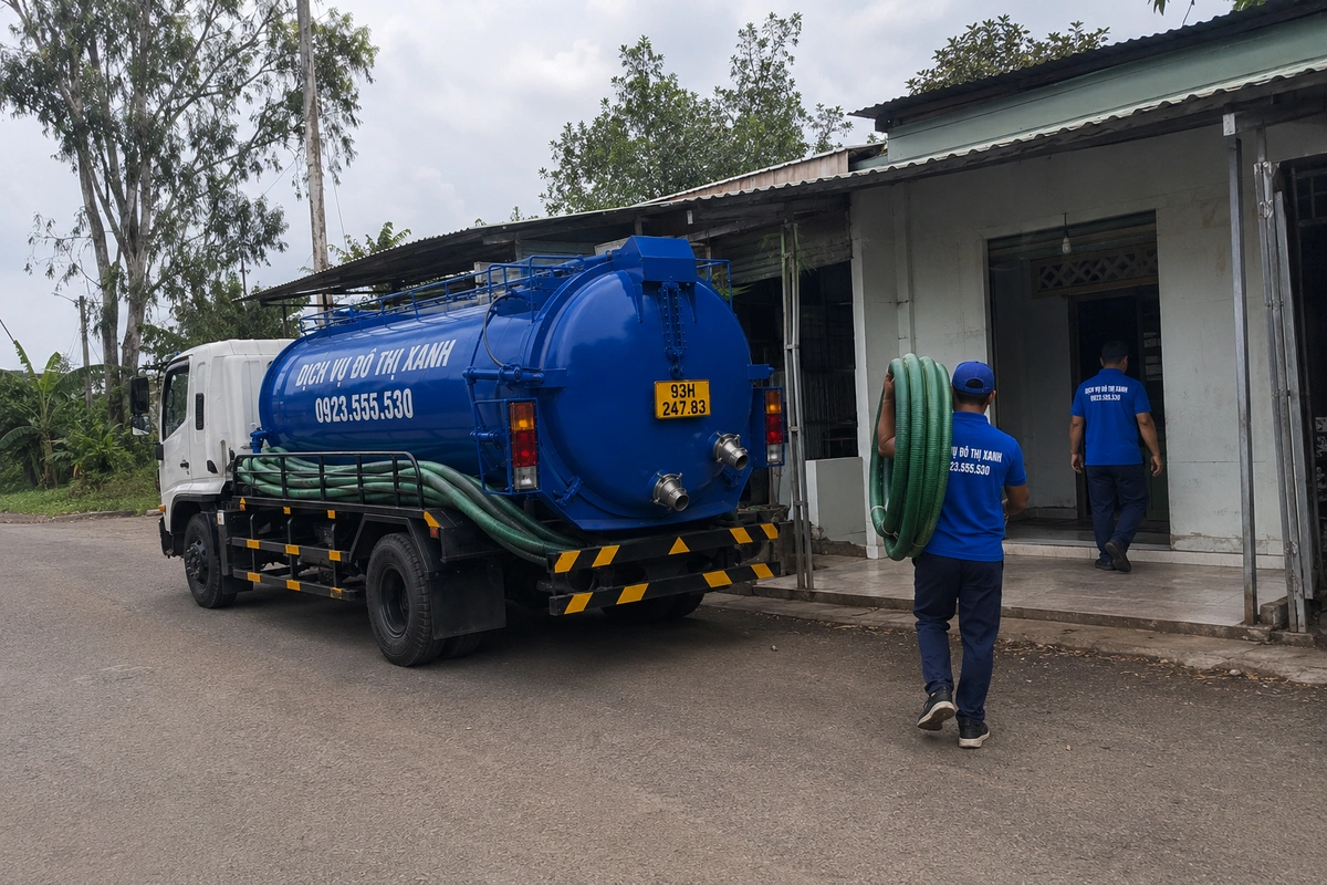 Nhân viên mang cuộn ống hút hầm cầu từ xe vào nhà