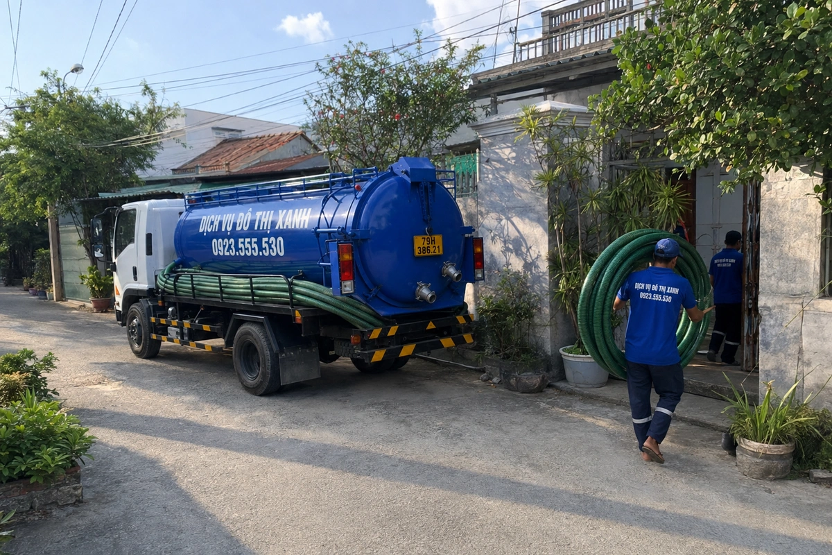 Nhân viên mang cuộn ống hút bên xe bồn
