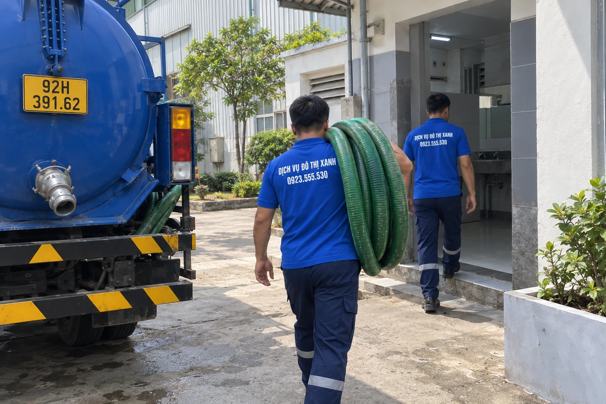 Hút hầm cầu Quảng Nam đo khối chốt giá, hút sạch đáy hầm 5 Nhân viên mang cuộn ống hút vào nhà