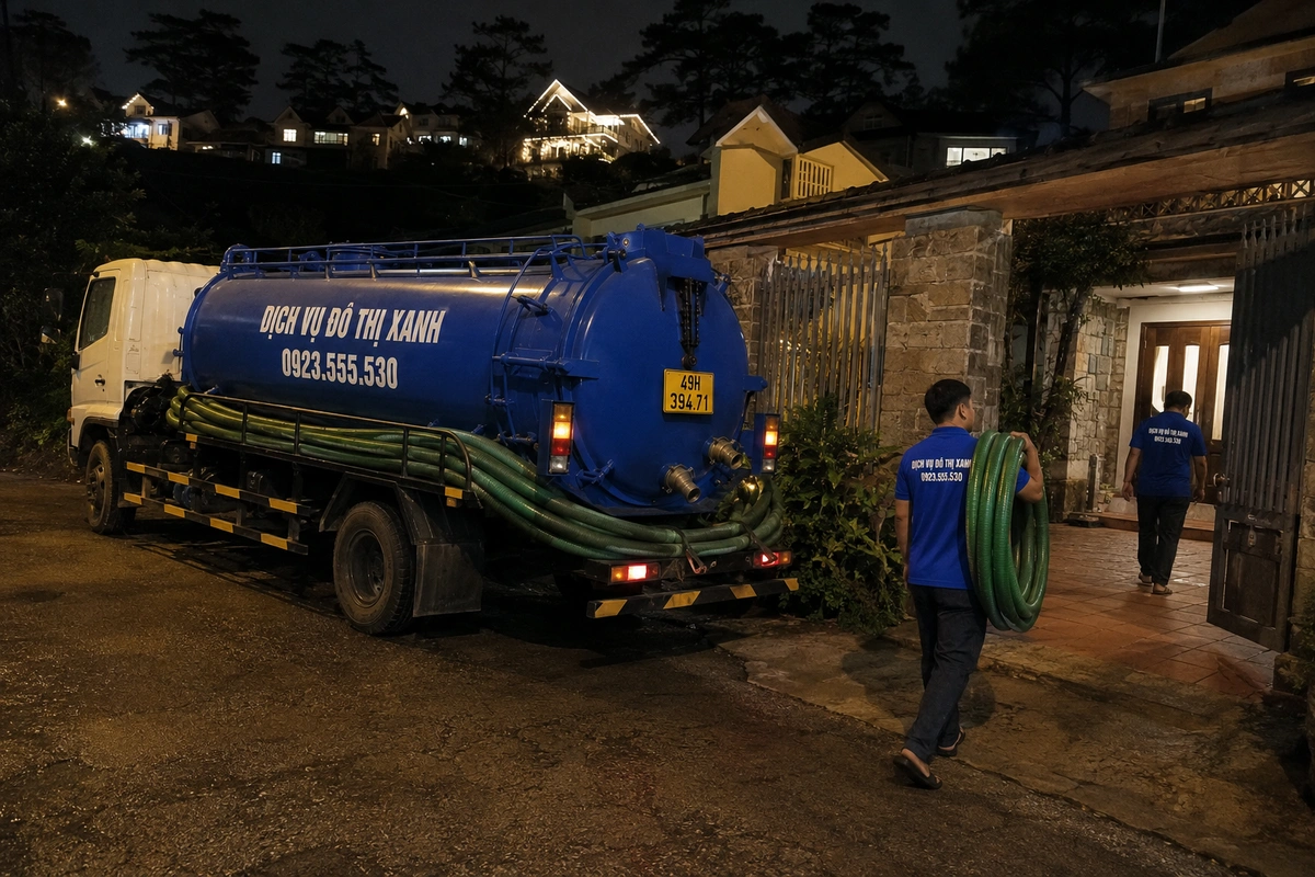 Hút hầm cầu Lâm Đồng cho lưu trú Đà Lạt, vùng rau hoa 5 Nhân viên mang ống hút bên xe bồn ban đêm