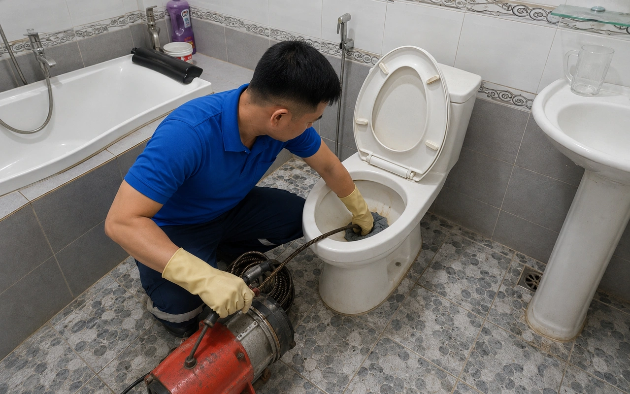 Nhân viên thông bồn cầu với găng tay vàng
