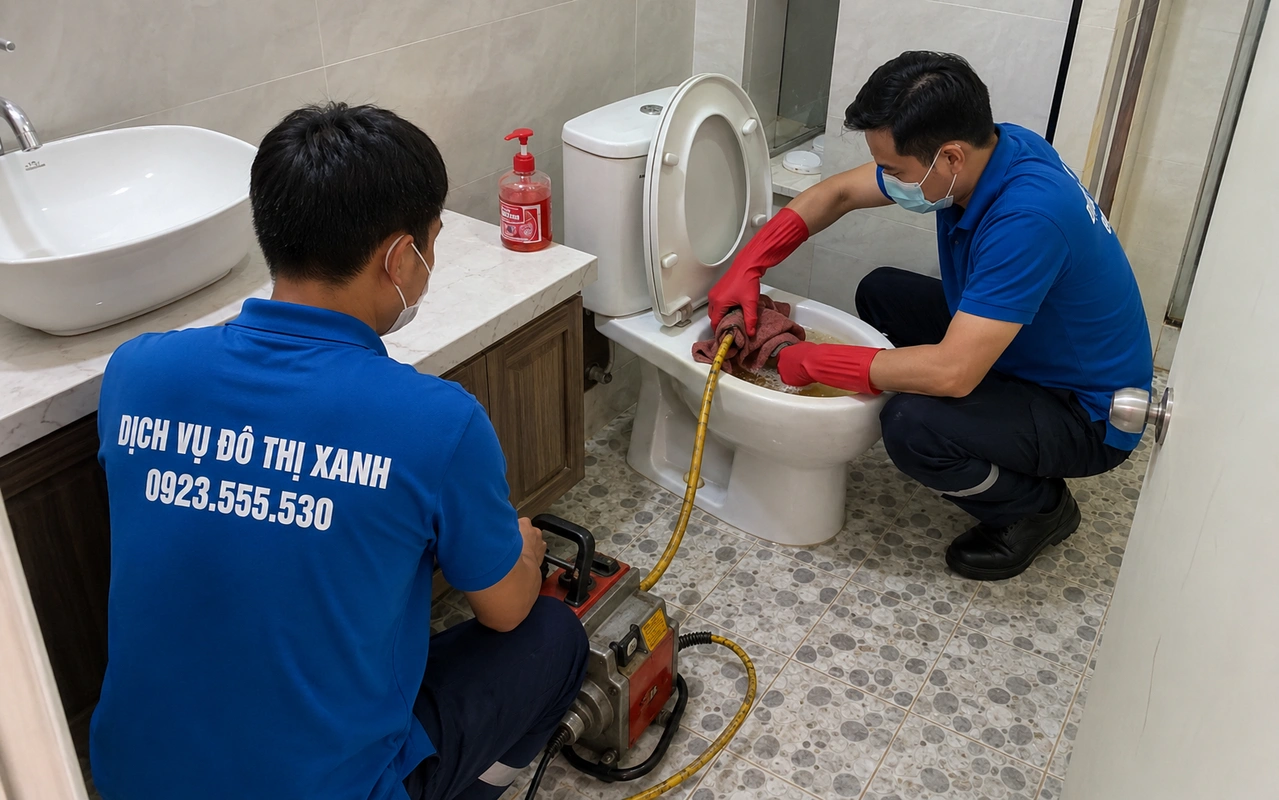 Thông bồn cầu Phước Long: kiểm tra đúng nguyên nhân trước khi xử lý 4 Nhân viên sử dụng máy thông bồn cầu trong nhà vệ sinh