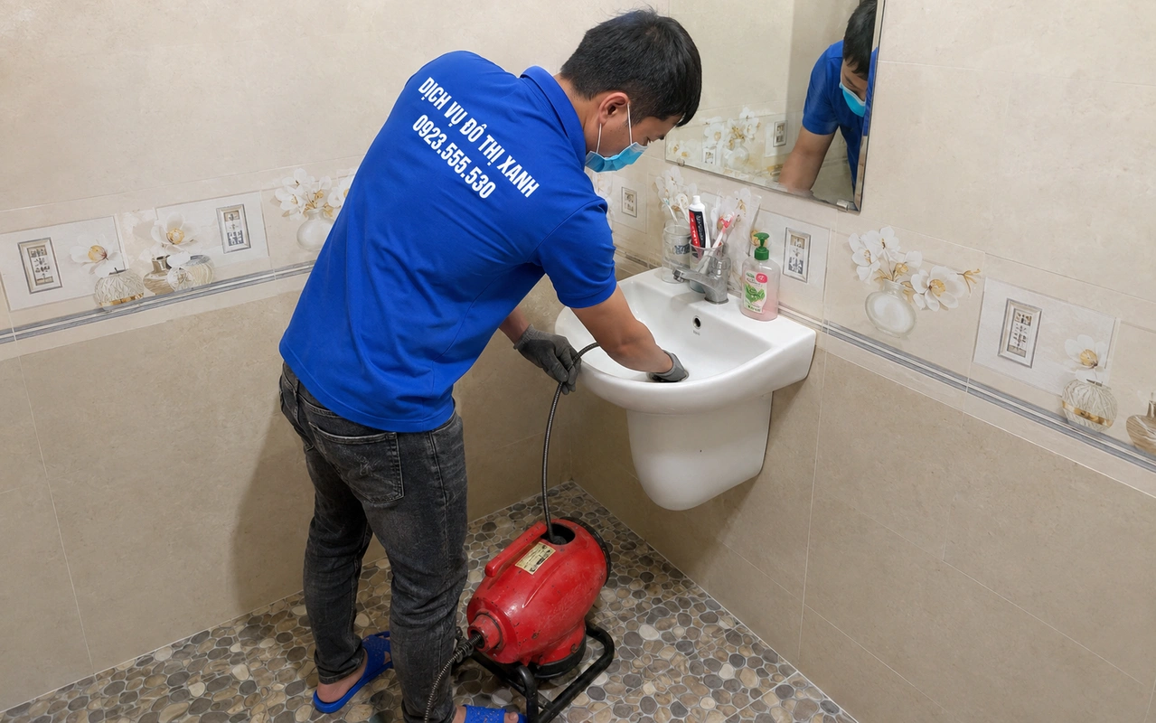 Nhân viên xử lý đường thoát chậu rửa tay