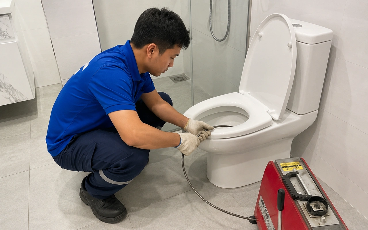 Nhân viên xử lý bồn cầu với găng tay trắng