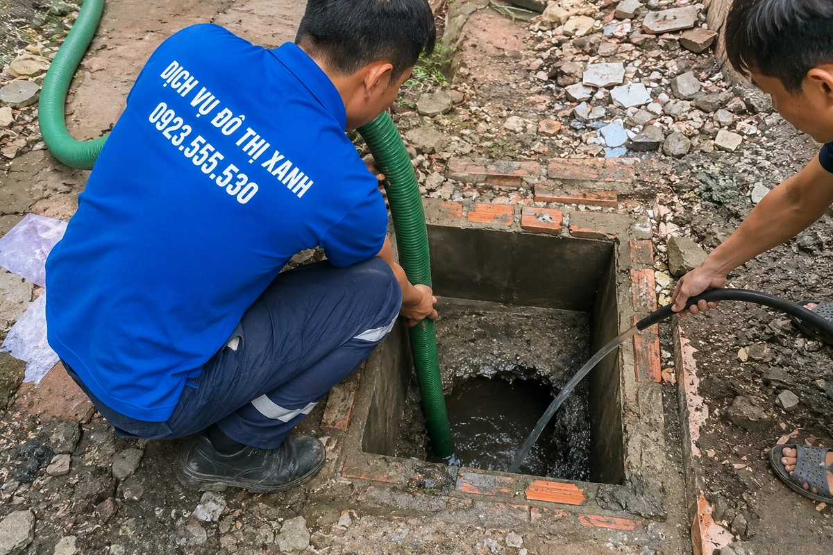 Nhân viên đặt ống hút hầm cầu tại điểm mở