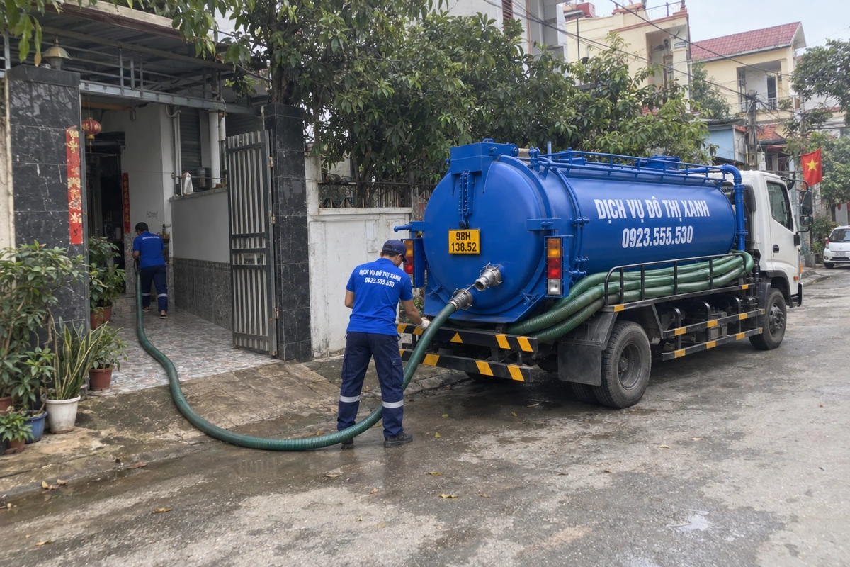 Hút hầm cầu Yên Thế: khảo sát vị trí bể trước khi bố trí 1 Nhân viên nối ống hút hầm cầu vào xe bồn