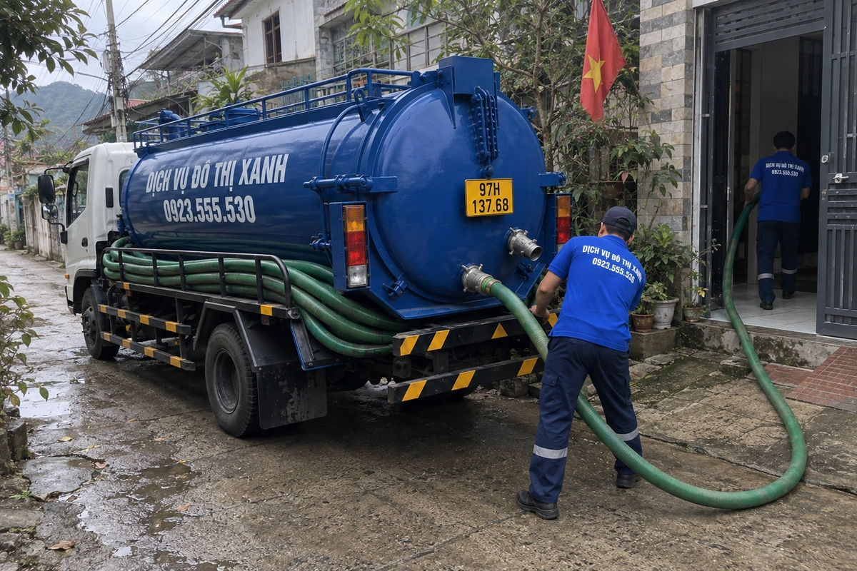 Hút bể phốt tại huyện Ba Bể: xác định đúng điểm cần xử lý 5 Nhân viên nối ống hút bể phốt vào xe bồn