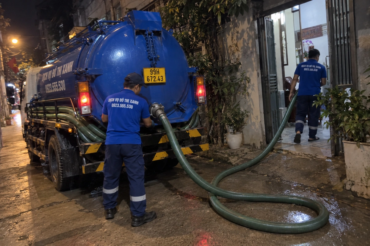 Hút bể phốt tại Bắc Ninh đo quy mô bể, báo giá trọn gói 2 Nhân viên nối ống hút bể phốt ban đêm