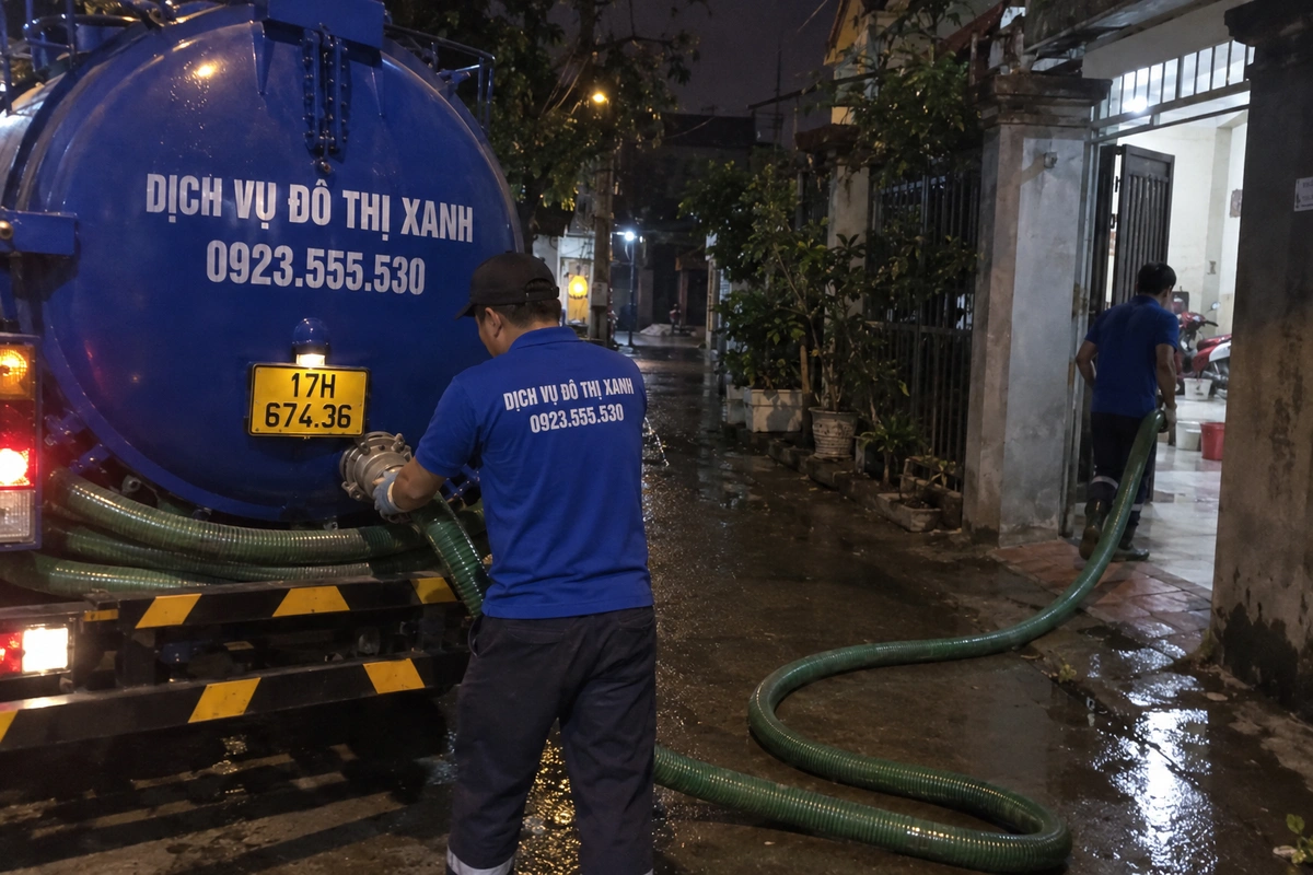 Nhân viên nối ống vào xe hút bể phốt trước nhà