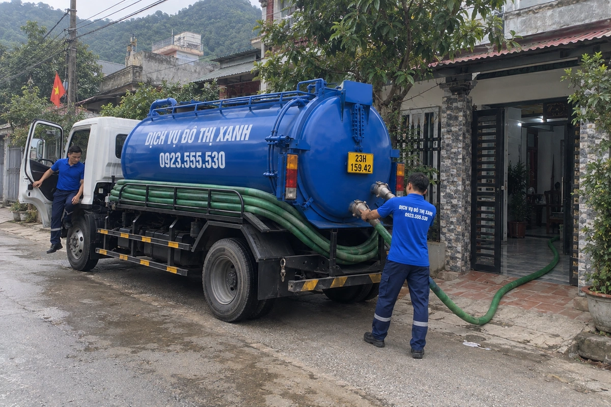 Nhân viên nối ống vào xe hút bể phốt