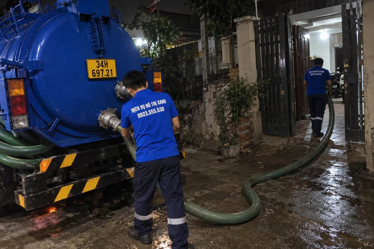 Hút bể phốt Chí Linh: khảo sát dung tích và lối tiếp cận 3 Nhân viên nối ống vào xe hút bể phốt ban đêm