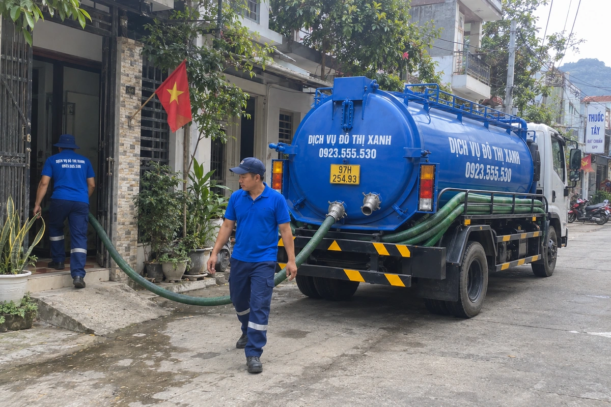 Hút bể phốt tại huyện Ba Bể: xác định đúng điểm cần xử lý 3 Ống hút bể phốt nối từ xe bồn vào nhà dân