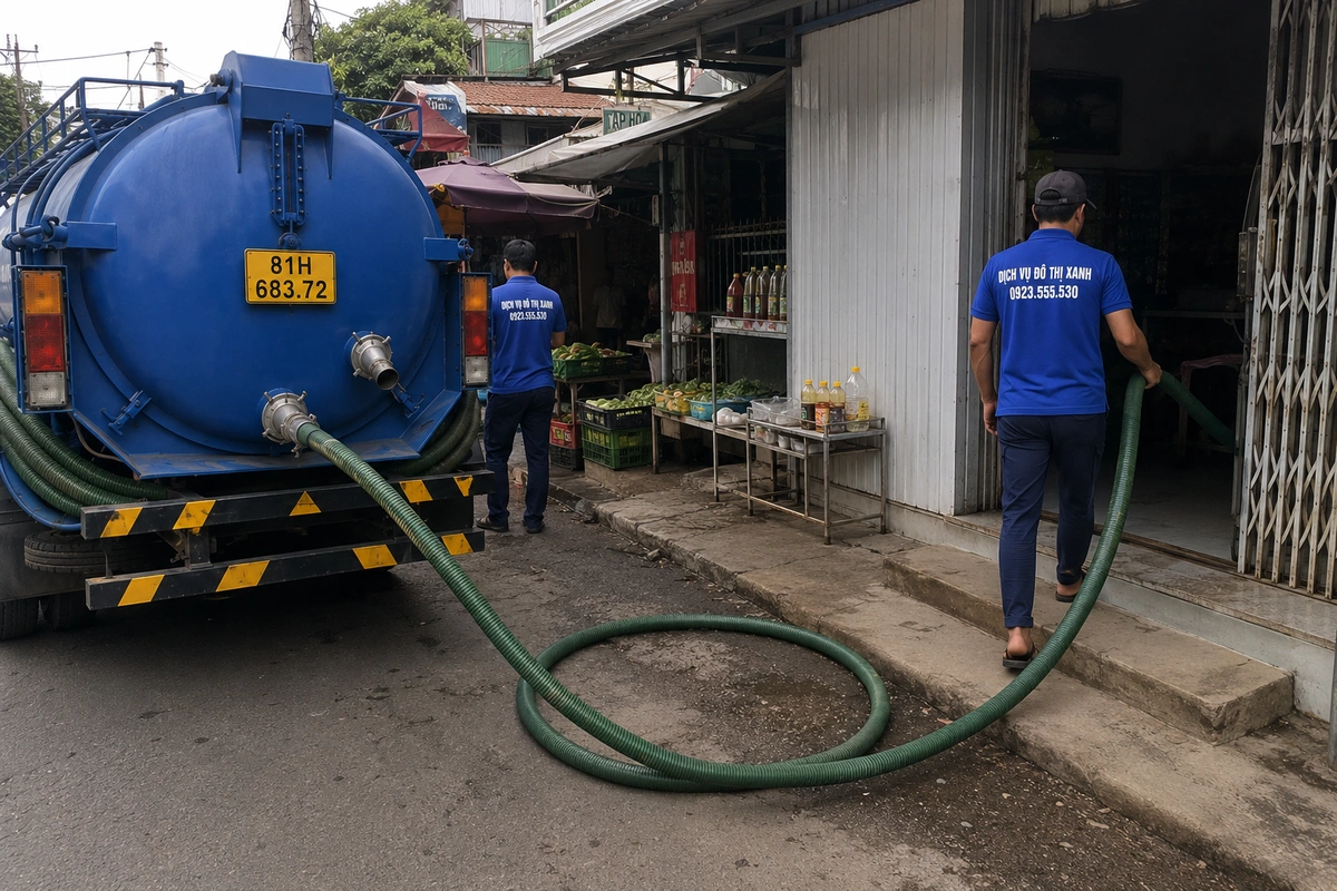 Hút hầm cầu Gia Lai: mùa khô cặn đặc, địa bàn trải rộng 2 Ống hút dẫn từ xe bồn vào nhà