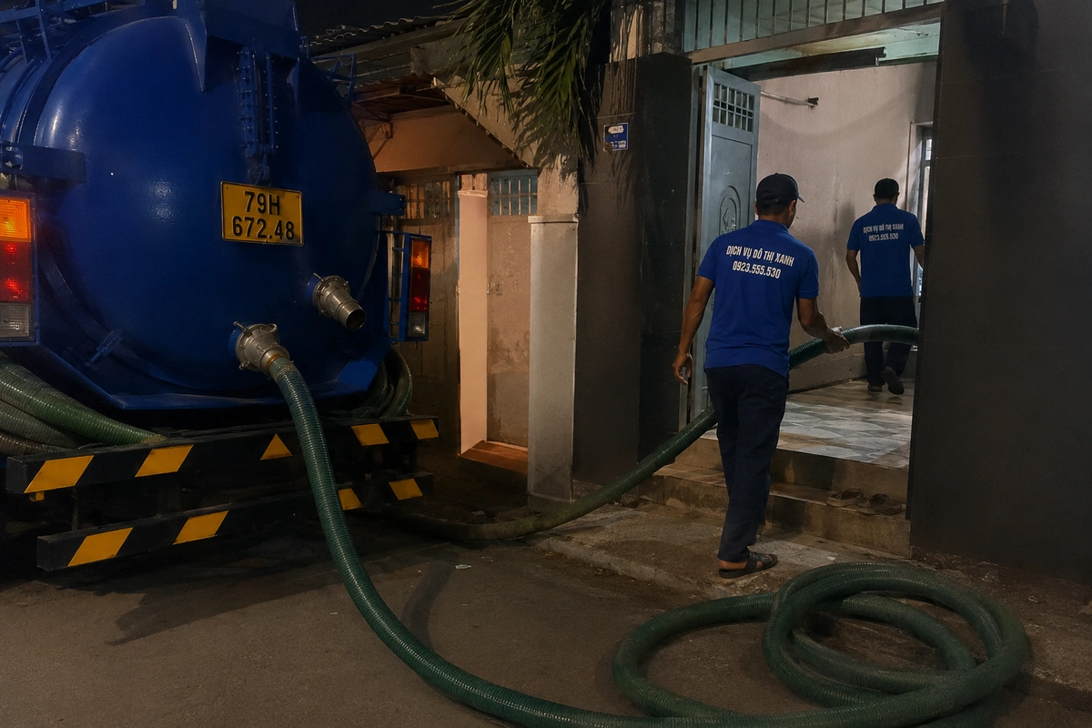 Ống hút dẫn từ xe bồn vào nhà ban đêm