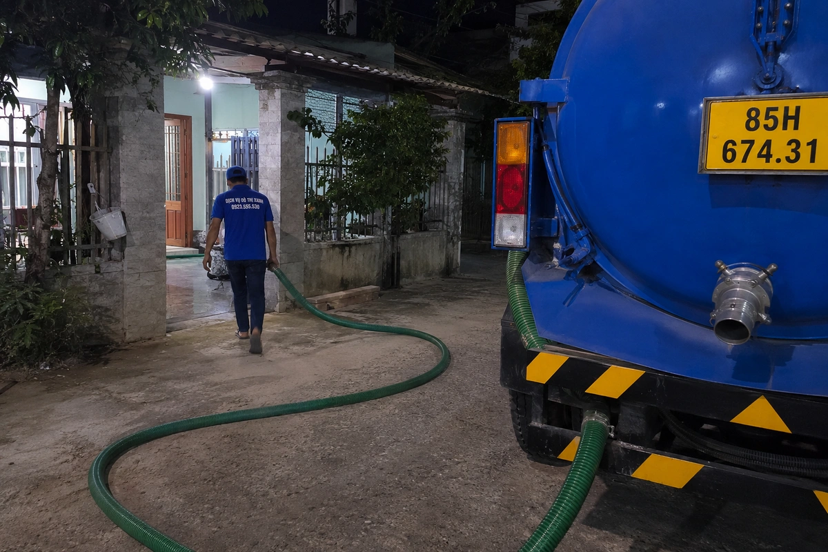 Ống hút nối phía sau xe bồn ban đêm