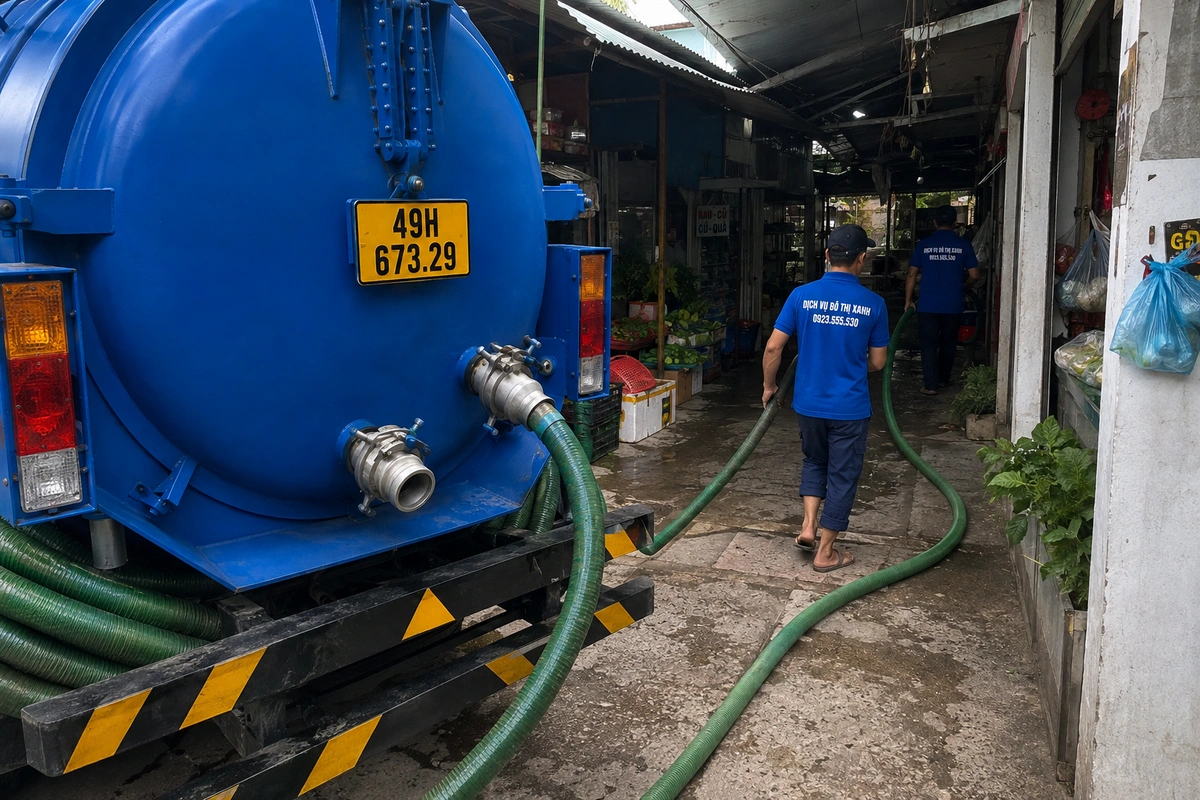 Hút hầm cầu Lâm Đồng cho lưu trú Đà Lạt, vùng rau hoa 7 Ống hút dẫn từ xe bồn vào nhà ban đêm