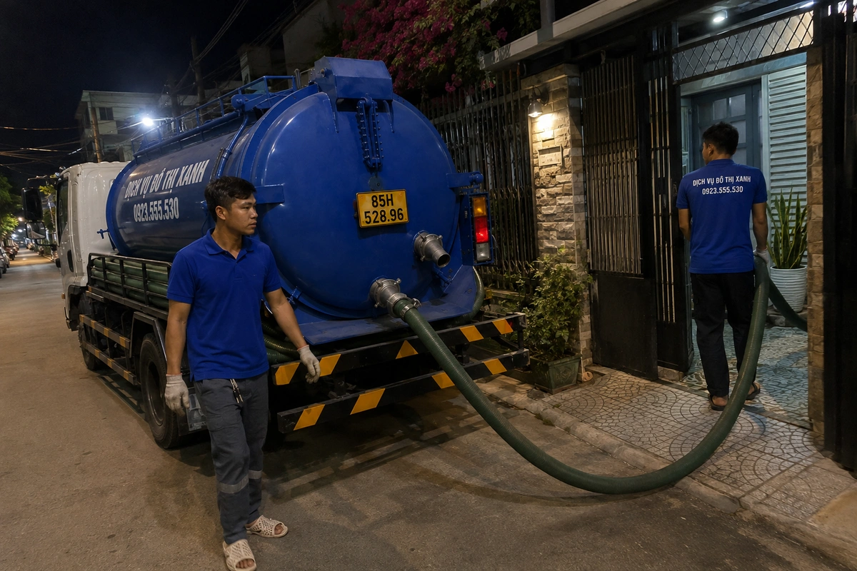 Xe hút hầm cầu đỗ trước nhà, nhân viên đưa ống vào cổng ban đêm