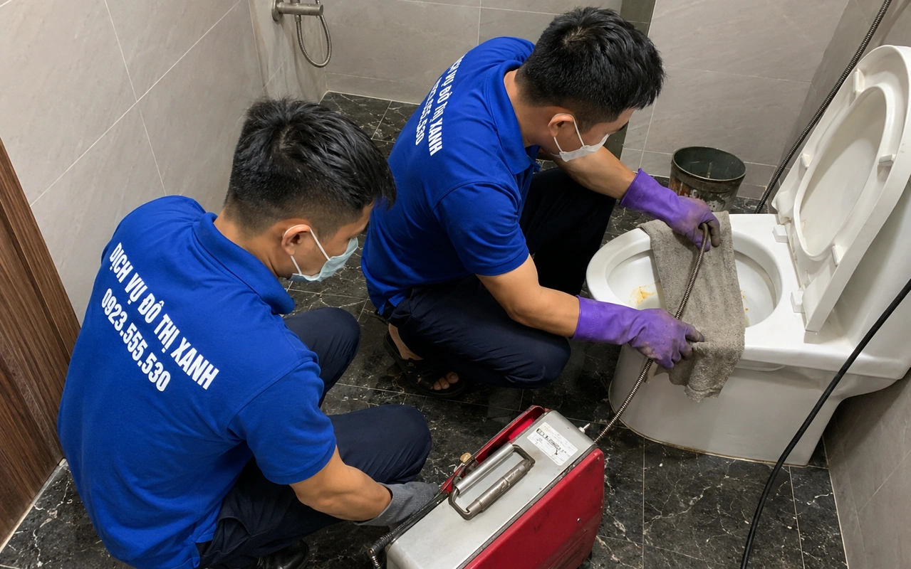 Thông bồn cầu Bình Định trực đêm mùa khách, chốt giá trước 1 Hai nhân viên dùng máy lò xo xử lý bồn cầu trong nhà vệ sinh