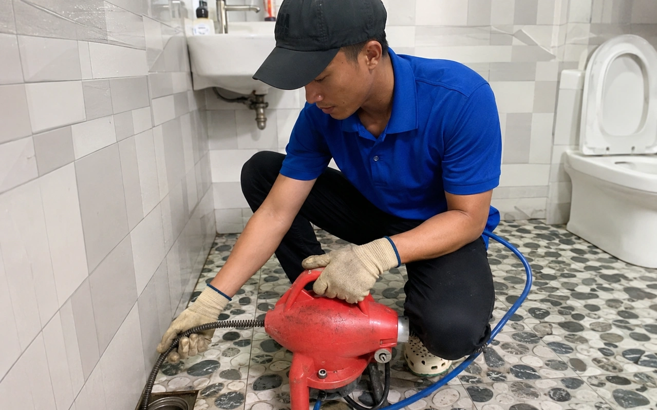 Nhân viên sử dụng máy thông cống tại miệng thoát sàn nhà vệ sinh