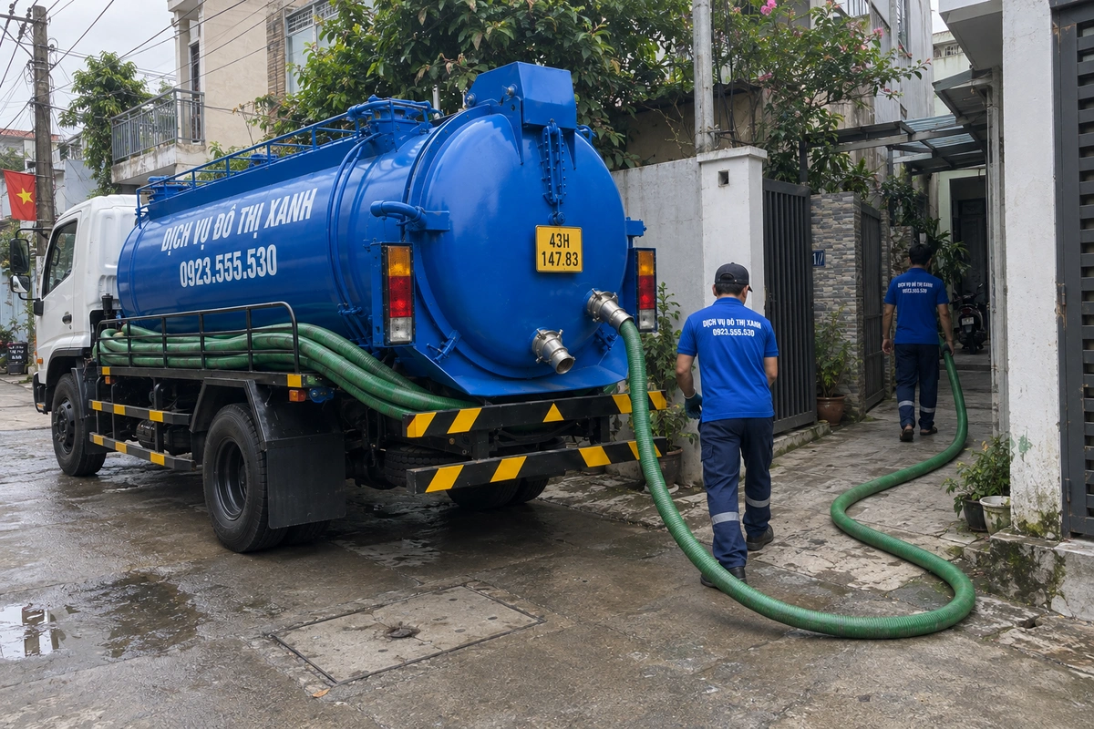 Xe bồn hút hầm cầu trong khu dân cư tại Đà Nẵng