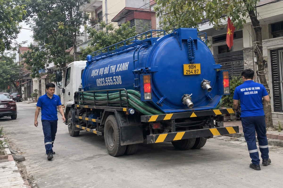 Hút hầm cầu Yên Thế: khảo sát vị trí bể trước khi bố trí 4 Xe hút hầm cầu đậu trước nhà dân tại Bắc Giang