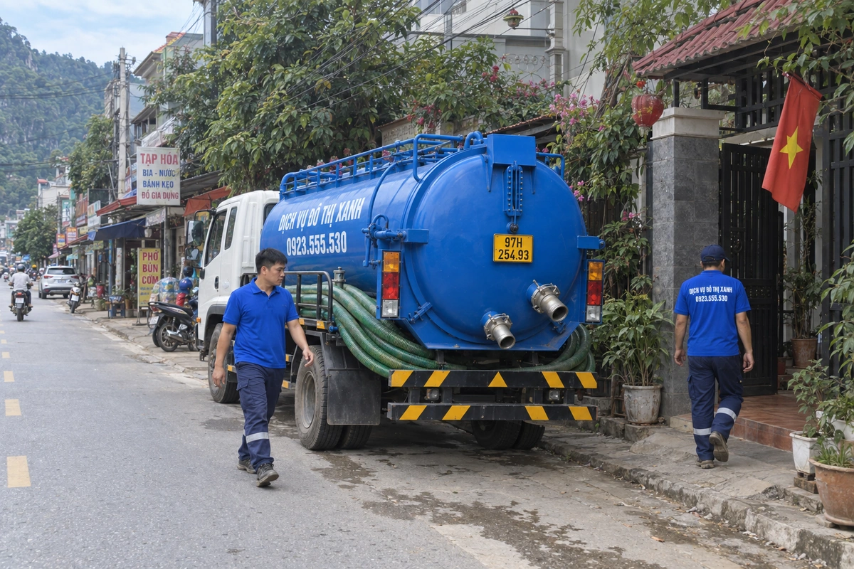 Hút bể phốt tại huyện Ba Bể: xác định đúng điểm cần xử lý 1 Xe hút bể phốt đậu trước nhà dân tại Bắc Kạn