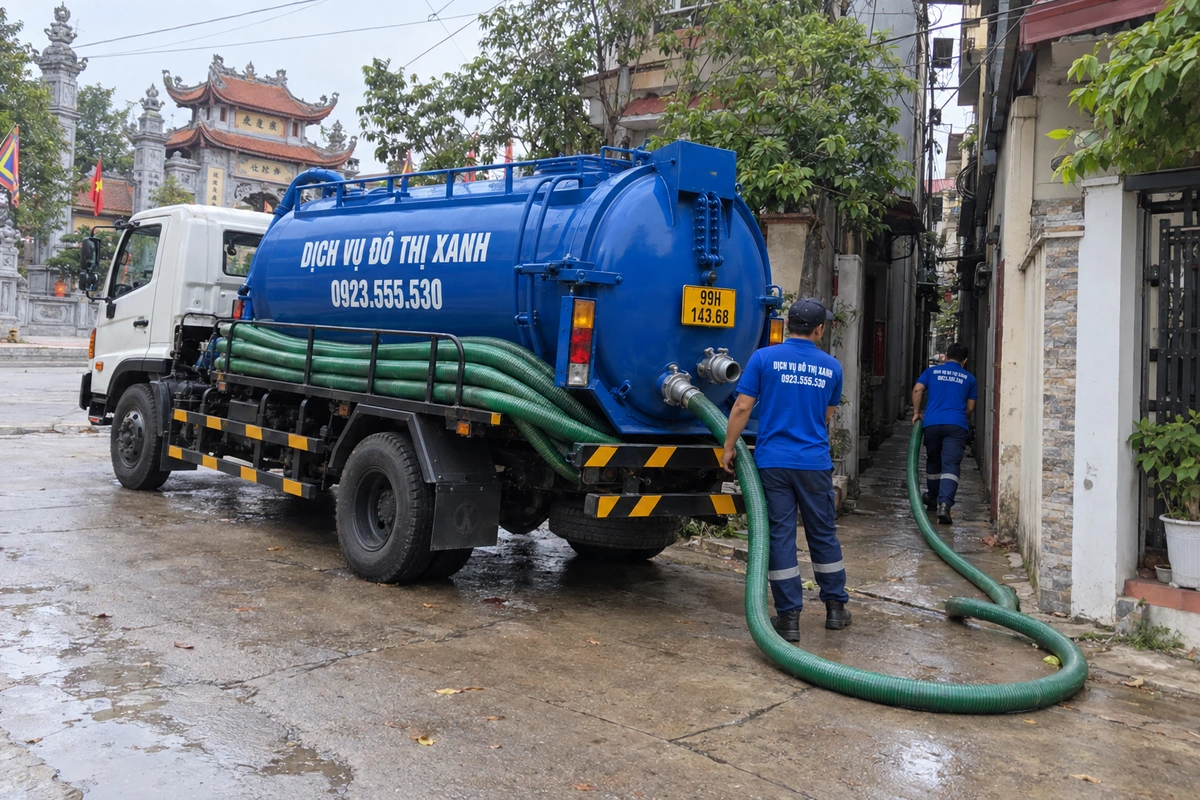 Hút bể phốt tại Bắc Ninh đo quy mô bể, báo giá trọn gói 1 Xe hút bể phốt trước nhà dân