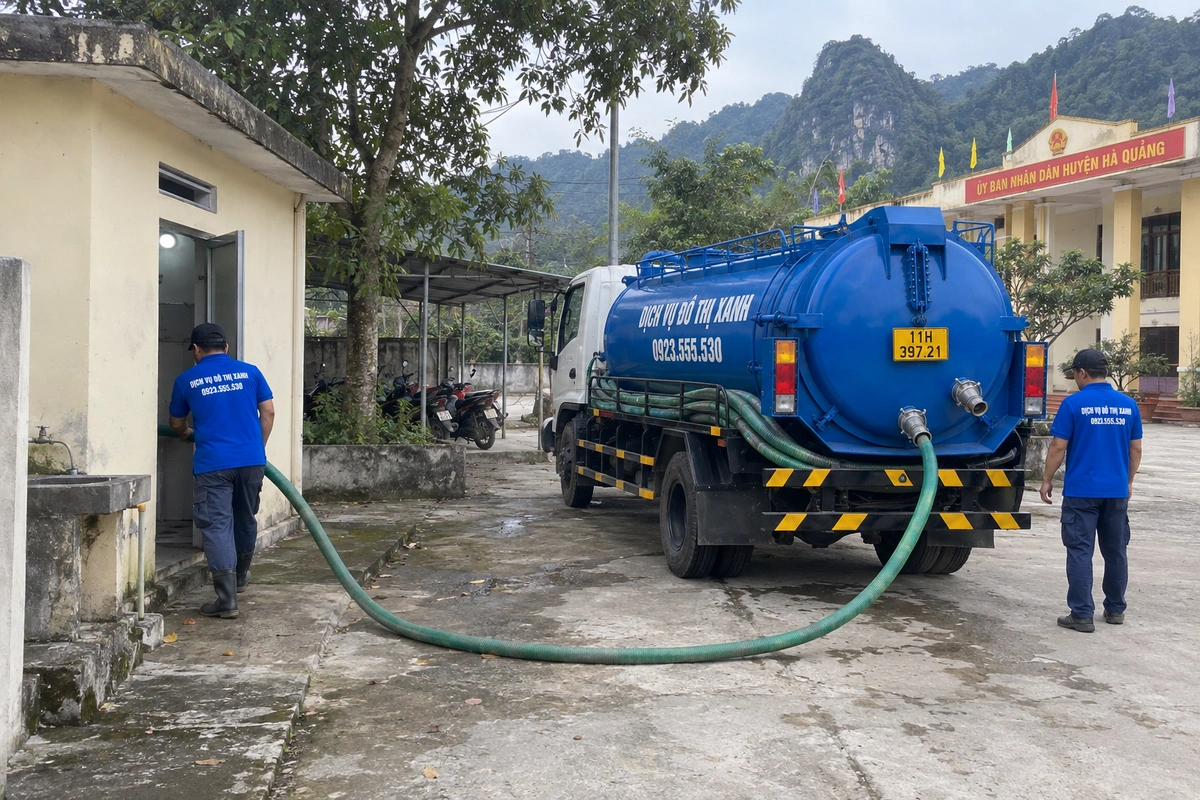 Hút bể phốt tại Cao Bằng đo khối rõ ràng, nhận cả xã xa 1 Xe hút bể phốt trong sân công trình