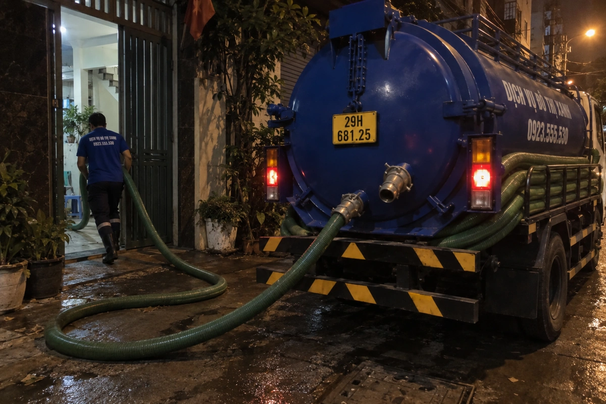 Xe hút bể phốt đỗ trước nhà và nhân viên đưa ống vào ban đêm