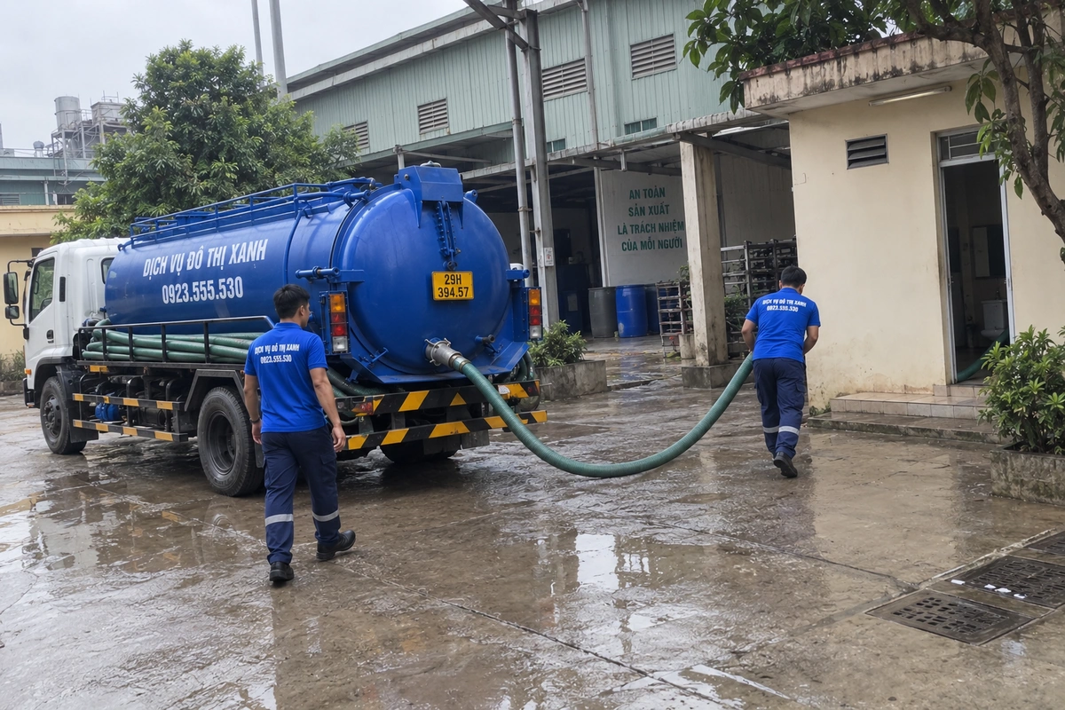 Nhân viên kéo ống từ xe hút bể phốt qua sân xưởng
